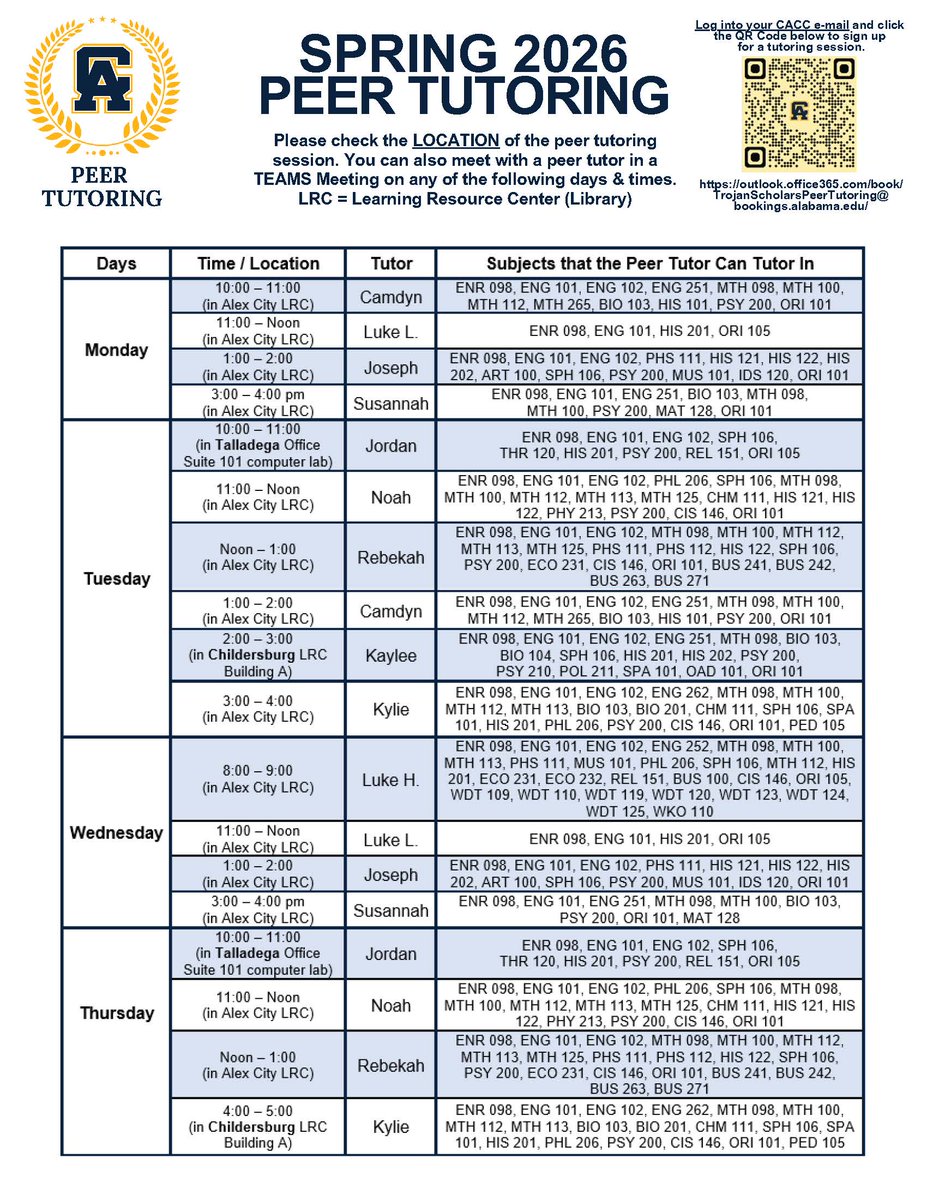 CentralAlabama1's tweet image. 📚 Spring 2026 Peer Tutoring is available at CACC
On campus and online through Microsoft Teams.

Meet our Peer Tutors: Luke Lawson, Joseph Mason, Kaylee Beatty, Camdyn Pressley, Rebekah Burton, Susannah Wingard, Luke Hanks, Noah White, Kylie Davis &amp;amp; Jordan Coker.