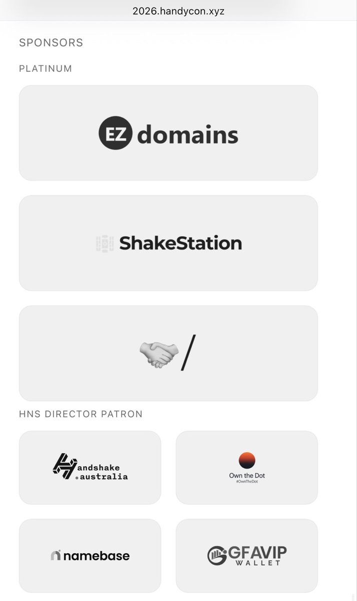 OwnTheDot's tweet photo. Sponsors at this years HandyCon (Handshake Conference) are:

~ EZdmains
~ ShakeStation 
~ 🤝/
~ Handshake Australia (hnsAU)
~ Namebase
~ GFAVIP wallet
~ Own The Dot

Represent!!!
#Handshake #hns #HandyCon $hns #OwnTheDot https://t.co/0Sxf1v9bCg