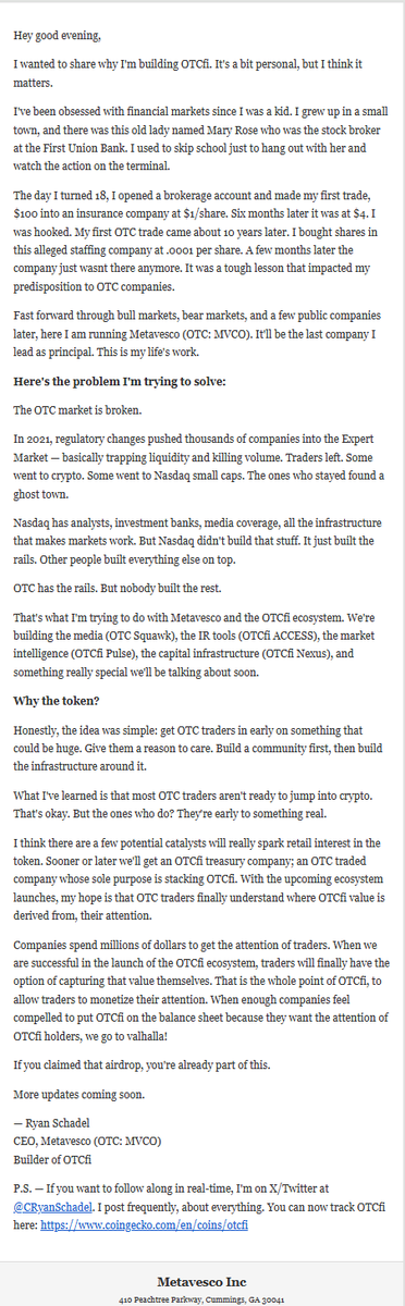 CRyanSchadel's tweet photo. This email is going out tonight to $OTCfi airdrop recients. $MVCO https://t.co/DUWawVj0yD