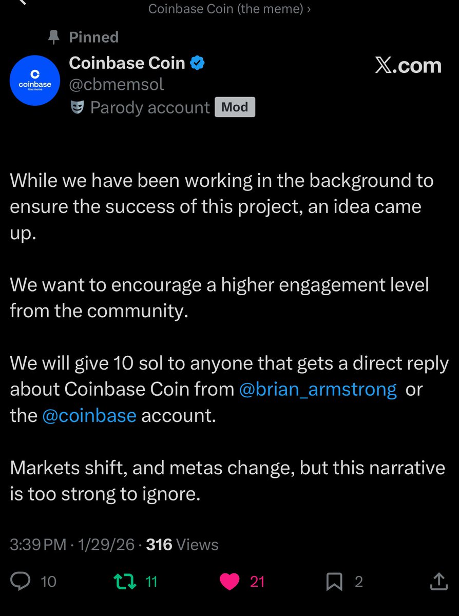 To anyone in the $sol #memecoin space 

Jump into $coinbase (@cbmemsol)

!10 SOL GIVEAWAY!

Details below

With <a href="/coinbase/">Coinbase 🛡️</a> NOW allowing all freshly bonded $sol memecoins straight on the app $coinbase is here as a “unofficial” official community Memecoin, we have a big community