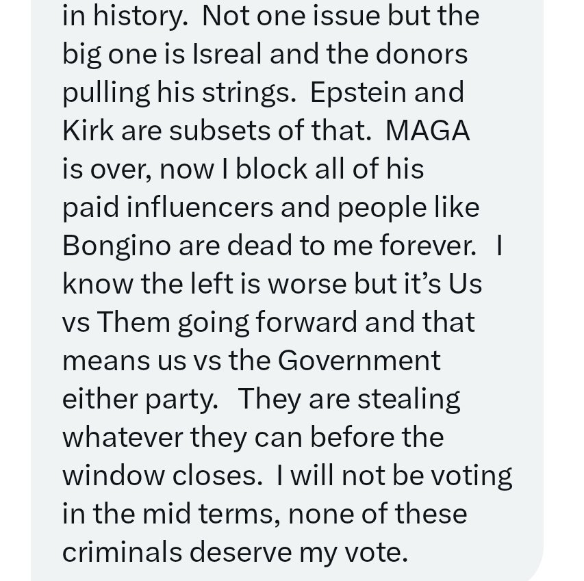 honestpollster's tweet photo. Another Trump supporter sitting out the midterms.
I think the burgeoning realization is that outsourcing a revolution to one guy is convenient, but maybe not effective. https://t.co/aN5olIEg6u