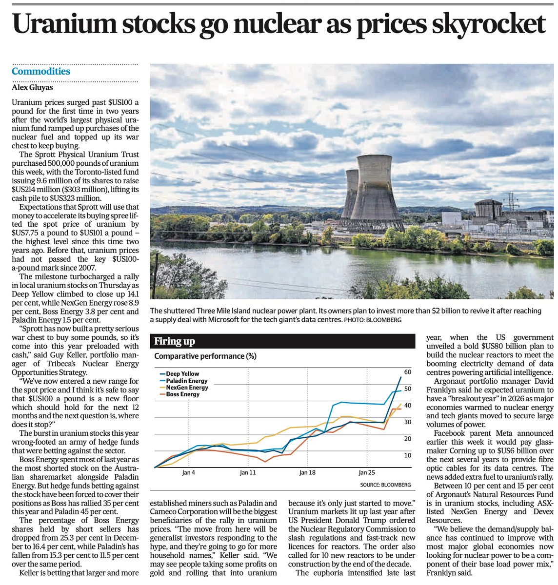 David_TaskerIR's tweet photo. Interesting read in today’s @FinancialReview on #uranium 

Spot prices back above US$100/lb for the first time in 2 years, driven by physical buying from @sprott rather than retail hype.

Shorts being unwound in names like Boss Energy and Paladin Energy, while commentators like Guy Keller (Tribeca) and David Franklyn (Argonaut) point to tightening supply and rising power demand.

Feels like uranium is quietly re-entering the mainstream conversation.