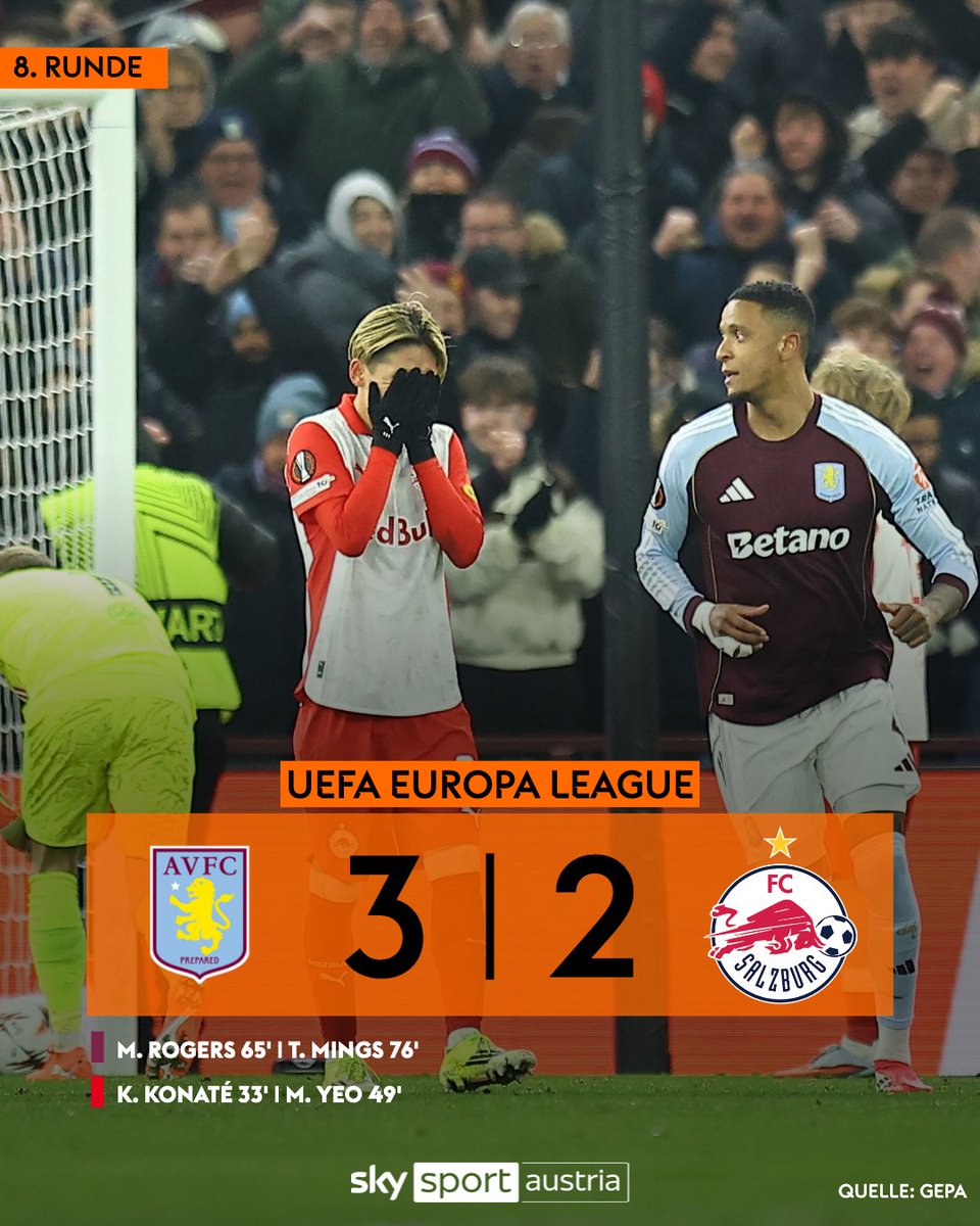 SkySportAustria's tweet photo. 2:0-Führung verspielt! Salzburg scheidet am Ende mit einer 2:3-Niederlage gegen Aston Villa aus der Europa League aus!
https://t.co/uPxIsyGWJB
#SkyEL #UEL #AVLSAL #Salzburg https://t.co/VKyRiQuyoz