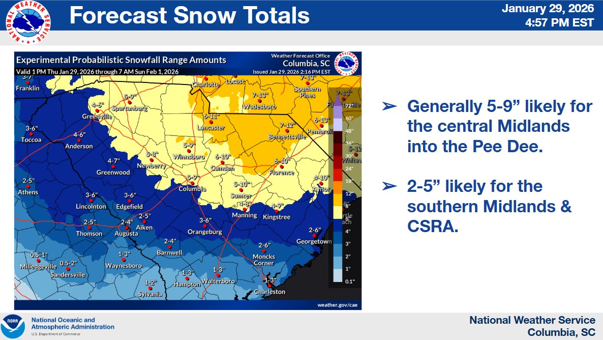 Higher snow totals are likely across the northern &amp; central Midlands, lowering towards the CSRA. Confidence is still highest generally north of Columbia towards the SC-NC border and lowest in the extreme southern Midlands-CSRA.