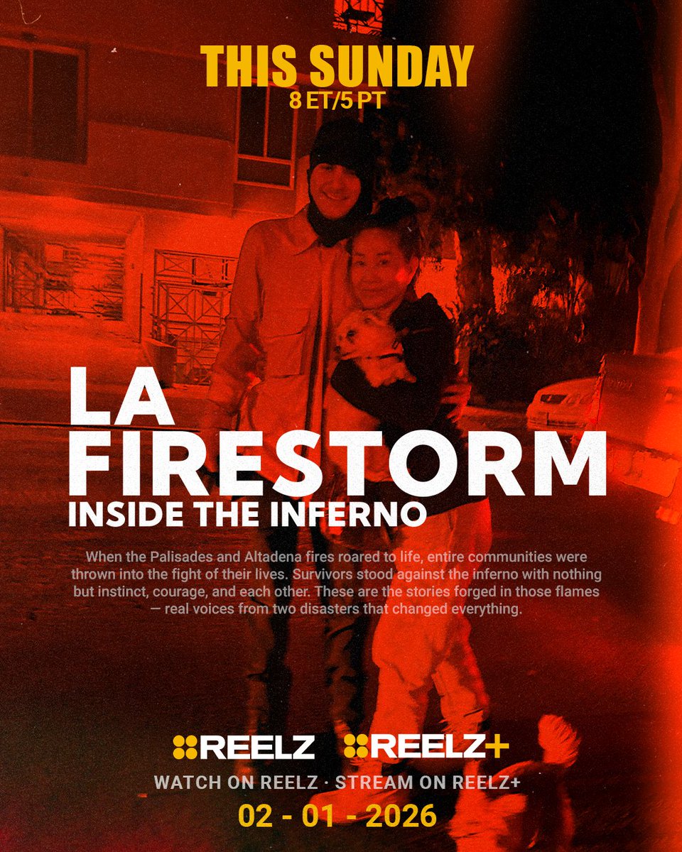 ReelzChannel's tweet photo. ๐ฅ This Sunday, go inside the true stories from the January 2025 LA wildfires. LA Firestorm premieres Sunday, Feb 1, 2026 at 8ET/5PT on REELZ โ all three parts airing back-to-back. ๐๐ด #LAFirestorm #REELZ #DocumentaryEvent https://t.co/vAioKXiujo