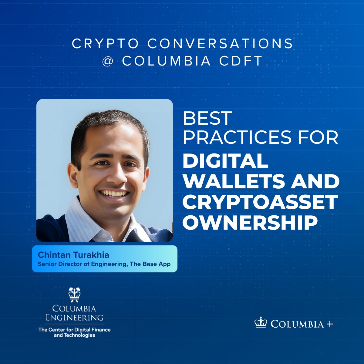 🎙️New series: Crypto Conversations from <a href="/Columbia/">Columbia University</a>.

Episode 1: Chintan Turakhia (<a href="/chintanturakhia/">Chintan Turakhia</a>) discusses digital wallets, self-custody, and the future of crypto payments.

Hosted by <a href="/AgostinoCapponi/">Agostino Capponi</a> and Fahad Saleh (<a href="/cryptoeconprof/">Fahad Saleh</a>).
Watch: ow.ly/viqF50Y5C4Q
