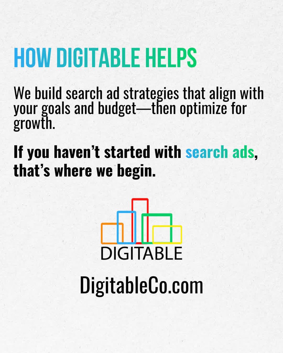 Search ads are the baseline of digital advertising.

They capture real intent, deliver measurable results, and power smarter campaigns everywhere else.

At Digitable, we help you start strong.

Learn how we can help: digitableco.com/digital-advert…