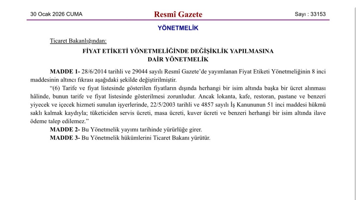 Ticaret Bakanlığı tarafından Fiyat etiketi yönetmeliğinde değişiklik yapıldı. Yeni düzenlemeye göre Lokanta, kafe ve restoranlarda  servis, masa veya kuver ücreti adı altında ek bedel alınması yasaklandı.
#tüketici 
#rapder 
#ticaretbakanlığı