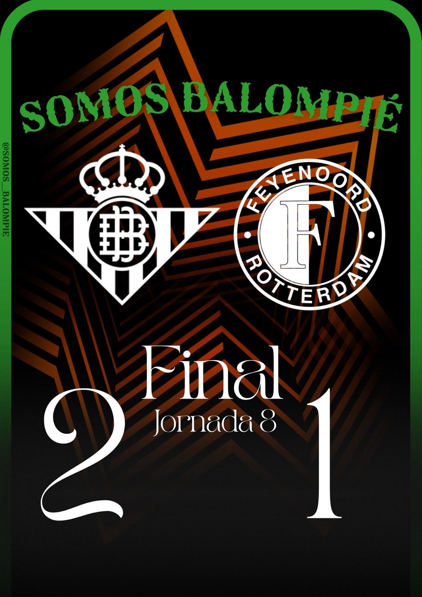 Termina el partido en 𝐋𝐚 𝐂𝐚𝐫𝐭𝐮𝐣𝐚

<a href="/RealBetis/">Real Betis Balompié 🌴💚</a> 𝟐 - 𝟏 <a href="/Feyenoord/">Feyenoord Rotterdam</a>

⚽️ <a href="/antony00/">Antony Santos</a>
⚽️ Ez Abde 

🖋️ En el próximo programa analizaremos este partido y seguiremos desgranando “Il Mercatto” ⤵️

📲 <a href="/somos__balompie/">Somos Balompié</a> 
🖥️  youtube.com/@somos__balomp…