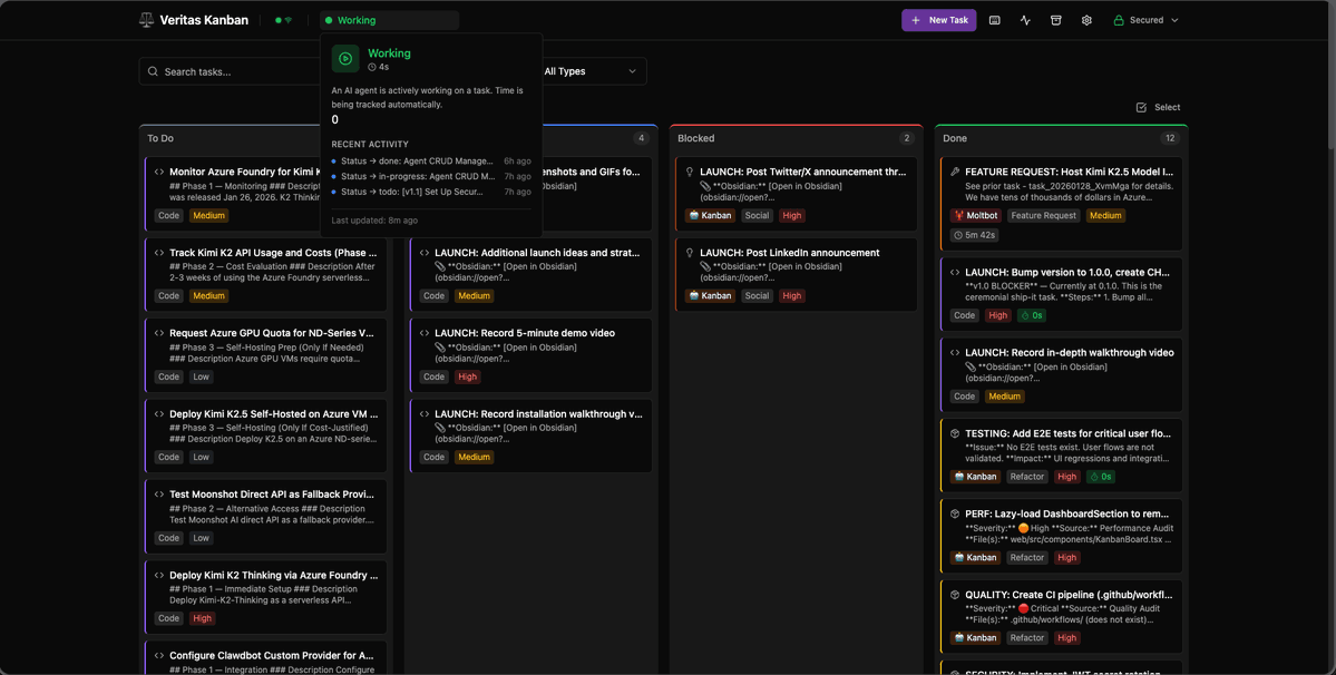 BradGroux's tweet image. Veritas Kanban brought to you by @DigitalMeld for free, open source (MIT), and ready to use:

⭐ github.com/BradGroux/veri…

5-command quickstart:
git clone → pnpm install → pnpm dev

Built in Texas with 💜