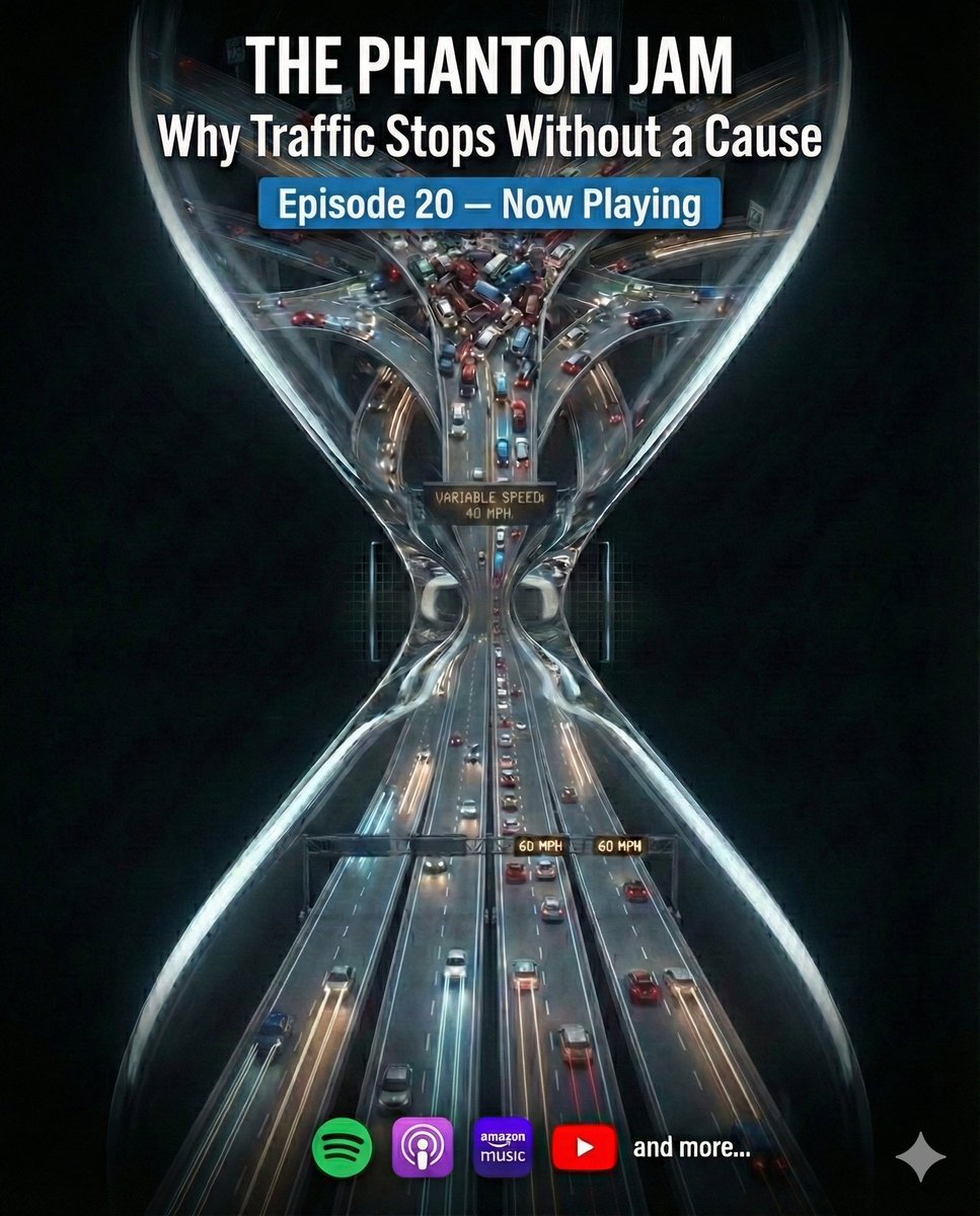 You’re doing 70mph. Then 0. No crash. No construction. Just a “Phantom Jam.” 

Believe it or not, the reason you stopped is a single brake tap from a driver two miles ahead. 

🎧 Listen now: open.spotify.com/episode/5Do5E9…

#CuriousMinds #Traffic #Physics #Science #Engineering #Commute