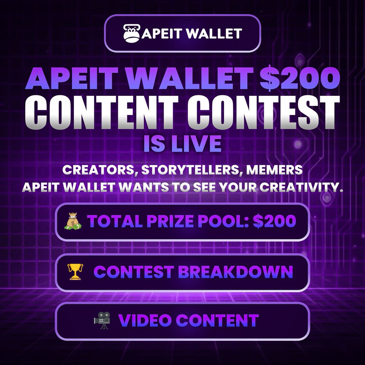 GIGME01's tweet image. APEIT WALLET $200 CONTENT CONTEST IS LIVE 
Creators, storytellers, memers  ApeIT Wallet wants to see your creativity.

💰 Total Prize Pool: $200
🏆 Contest Breakdown
🎥 Video Content

🥇 Best 2 Videos  $50 each

🧵 Threads
🥇 Top 3 Threads  $20 each

 Best Works (Wildcard)
4…