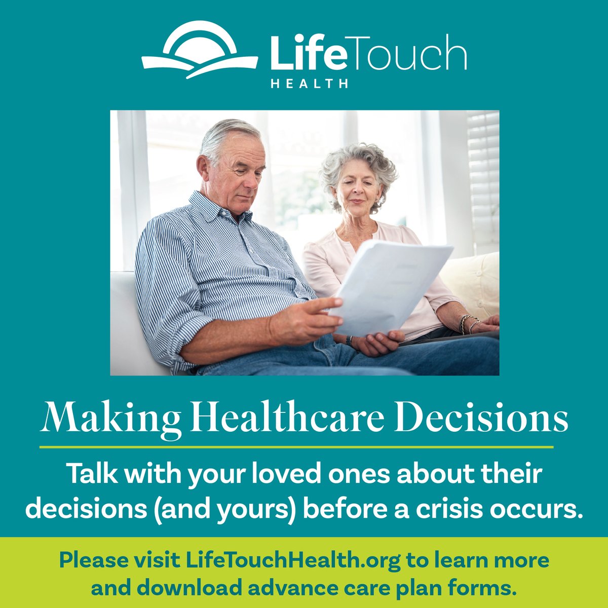 Winter often means staying indoors, so it's a great chance to talk with loved ones about their healthcare decisions – and yours – before a crisis occurs. For suggestions and advance care plan forms you can download and complete, visit lifetouchhealth.org/health-care-de…. #LifeTouchHealth