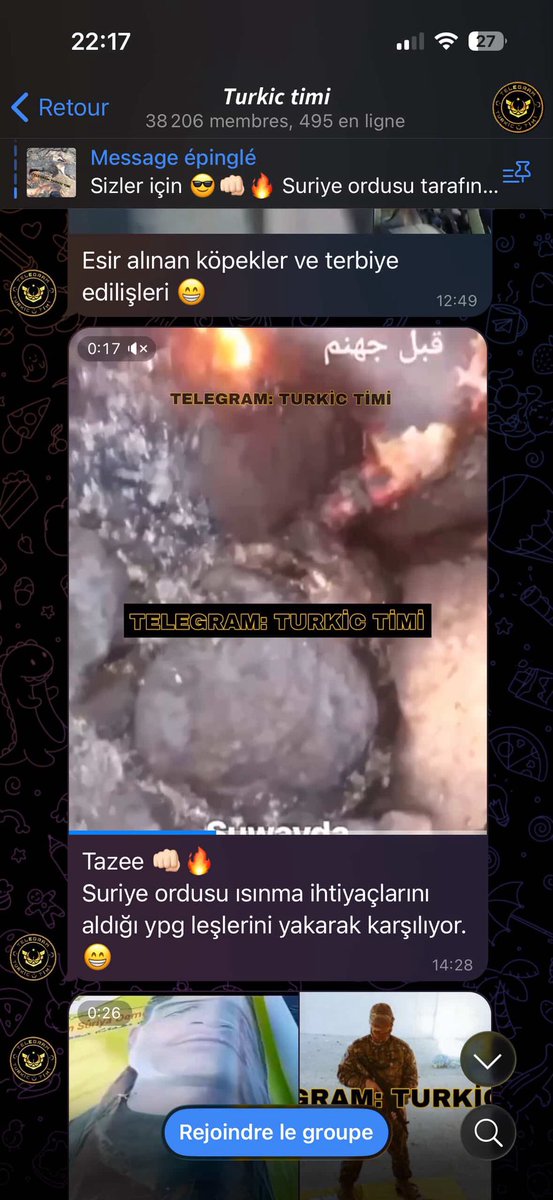 aryusj1's tweet photo. Je suis désolé pour ces images choquantes.

Le jihadiste fait le signe des ultra nationalistes turcs (Loup Gris) (Organisation interdite en France, en « theorie »)

Et il est écrit « L’armée Syrienne se réchauffe en brûlant les forces Kurdes ». Oui ils brûlent les corps après avoir egorgés.