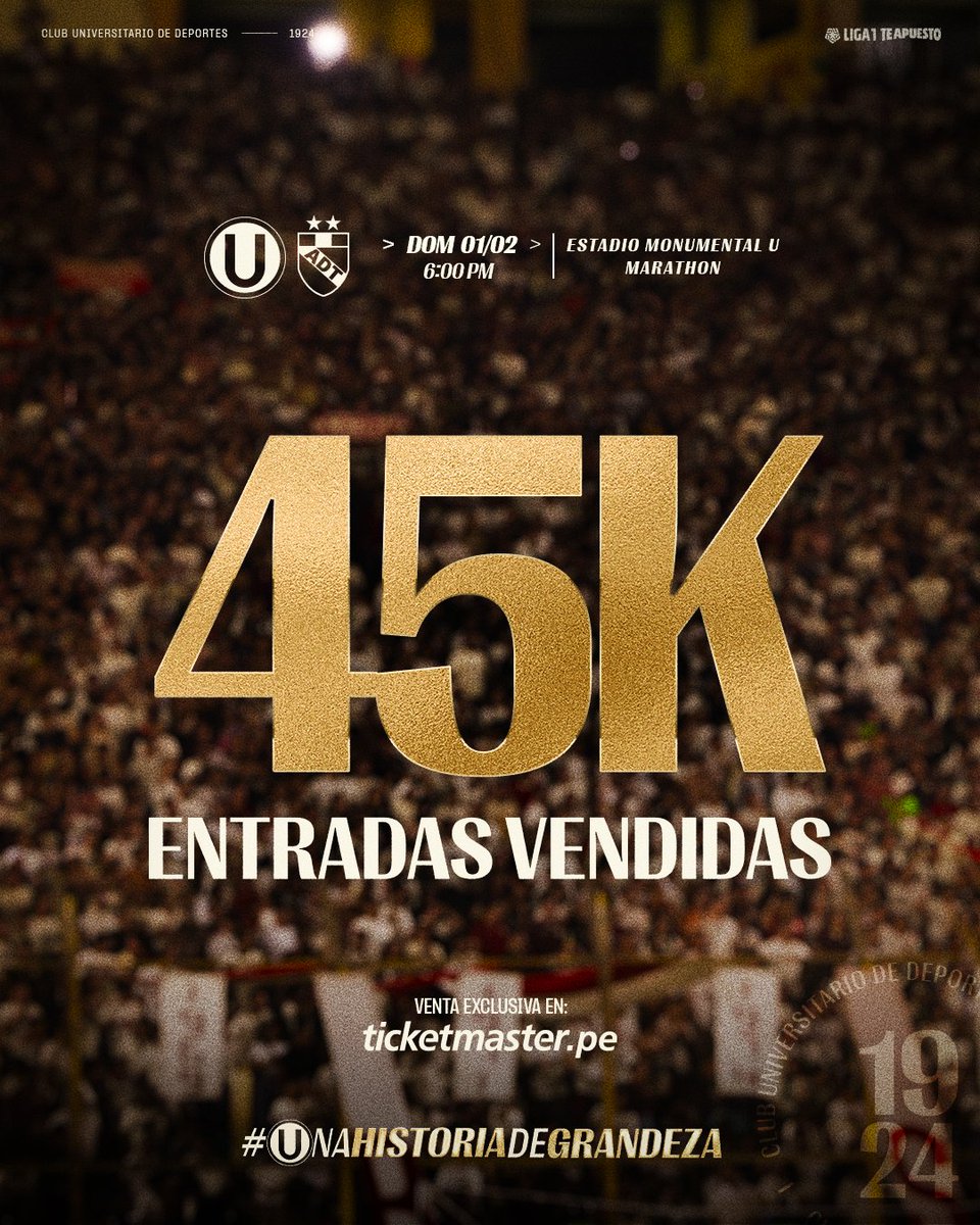 𝗘𝗟 𝗠𝗔́𝗦 𝗚𝗥𝗔𝗡𝗗𝗘 𝗬 𝗣𝗢𝗣Ⓤ𝗟𝗔𝗥 🎶🎶🎶

Ya son más de 45 mil los cremas confirmados, entre tribunas y palcos, para nuestro partido ante ADT por la fecha 1 del Apertura 2026.

🎟 ¡Que las tribunas del <a href="/Monumental_U_/">Estadio Monumental Ⓤ Marathon</a> sean una fiesta! ▶️ bit.ly/49P2tpR
