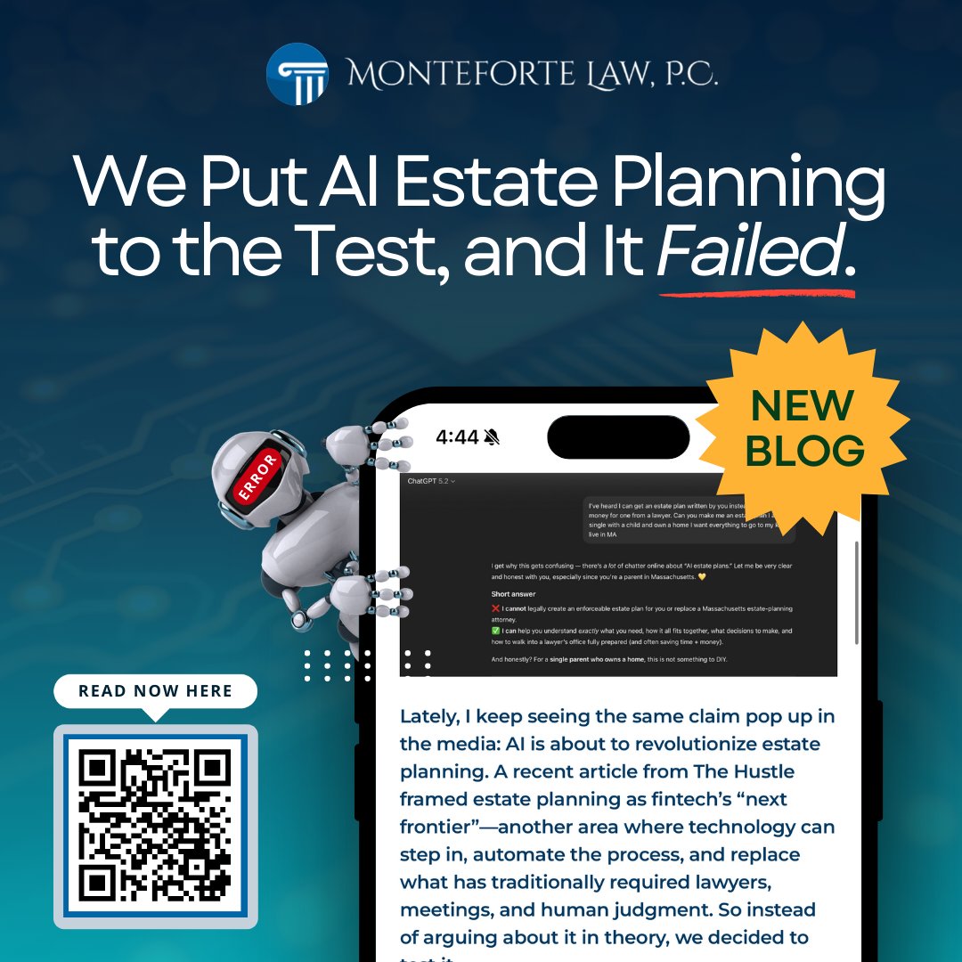 We recently ran an experiment: We used AI to generate a "simple" will and trust for a standard family. It was a disaster waiting to happen.

Check out our latest blog to see exactly where the AI failed.

🔗 montefortelaw.com/blog/blog/

#EstatePlanning #AI #ArtificialIntelligence
