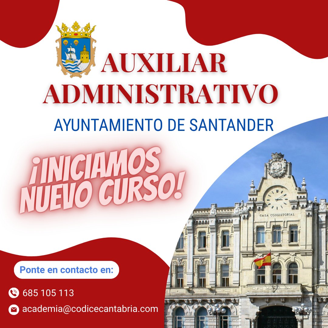 📣📣 ¡ES OFICIAL! Iniciamos grupo de #AuxiliarAdministraivo para el Ayuntamiento de #Santander

🔝 Preparadores expertos
🏫 Clases presenciales u 💻 online + 🎥grabación de la clase
📚 Temario propio y actualizado

✅ ¡Matricúlate ya! 
📲 685 105 113
#academiaoposicionessantander