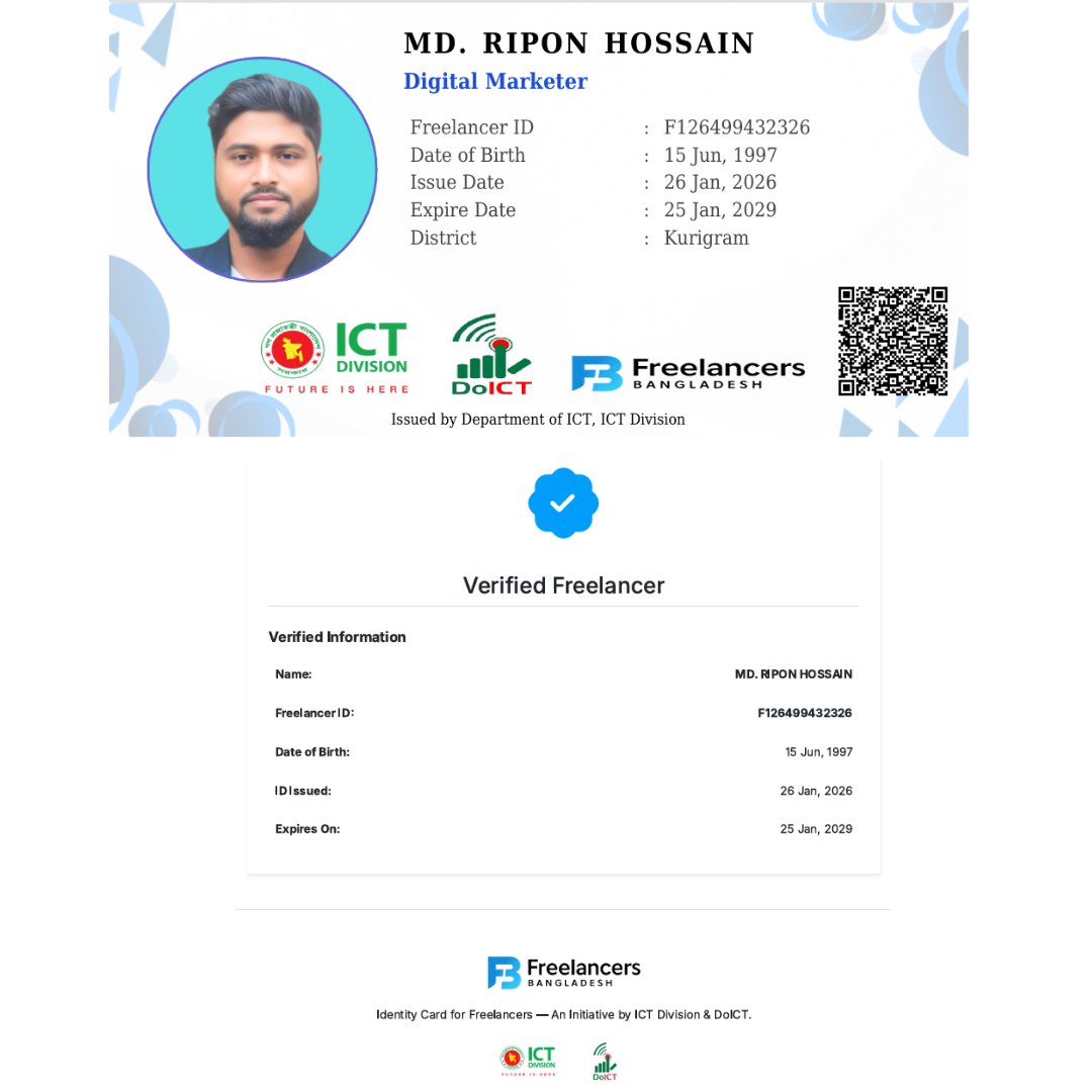bdripondm's tweet photo. 🪪 Client Trust Comes First

My official freelancer ID, given to freelancers by the Bangladesh government.
As a client, you will get guaranteed safe and long-term work.

“Available for professional collaborations.”

#digitalmarketing #verifiedfreelancer #onlinebusiness https://t.co/kvkj3JC80O