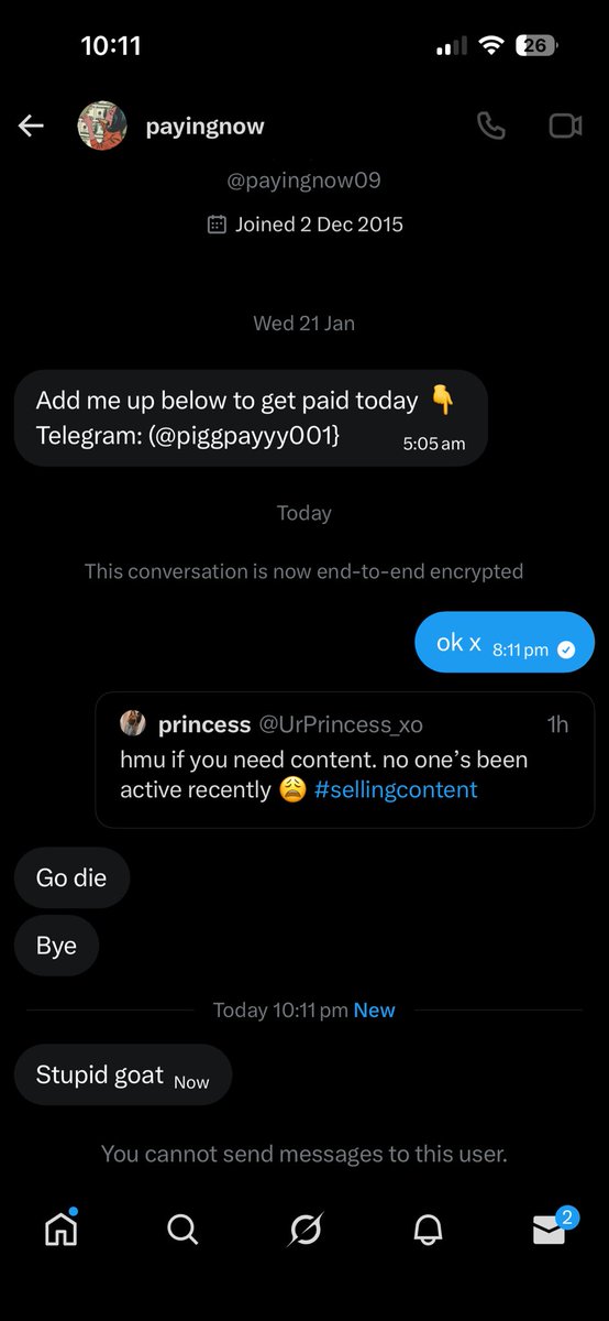 UrPrincess_xo's tweet photo. @payingnow09 do not message this person. they claim to have no fees when it comes to sending you money. he then asked me to pay a fee. i said no. he’s told me to “go die” multiple times on X and telegram. stay safe girls 🥰 https://t.co/yg5JCJwpOX