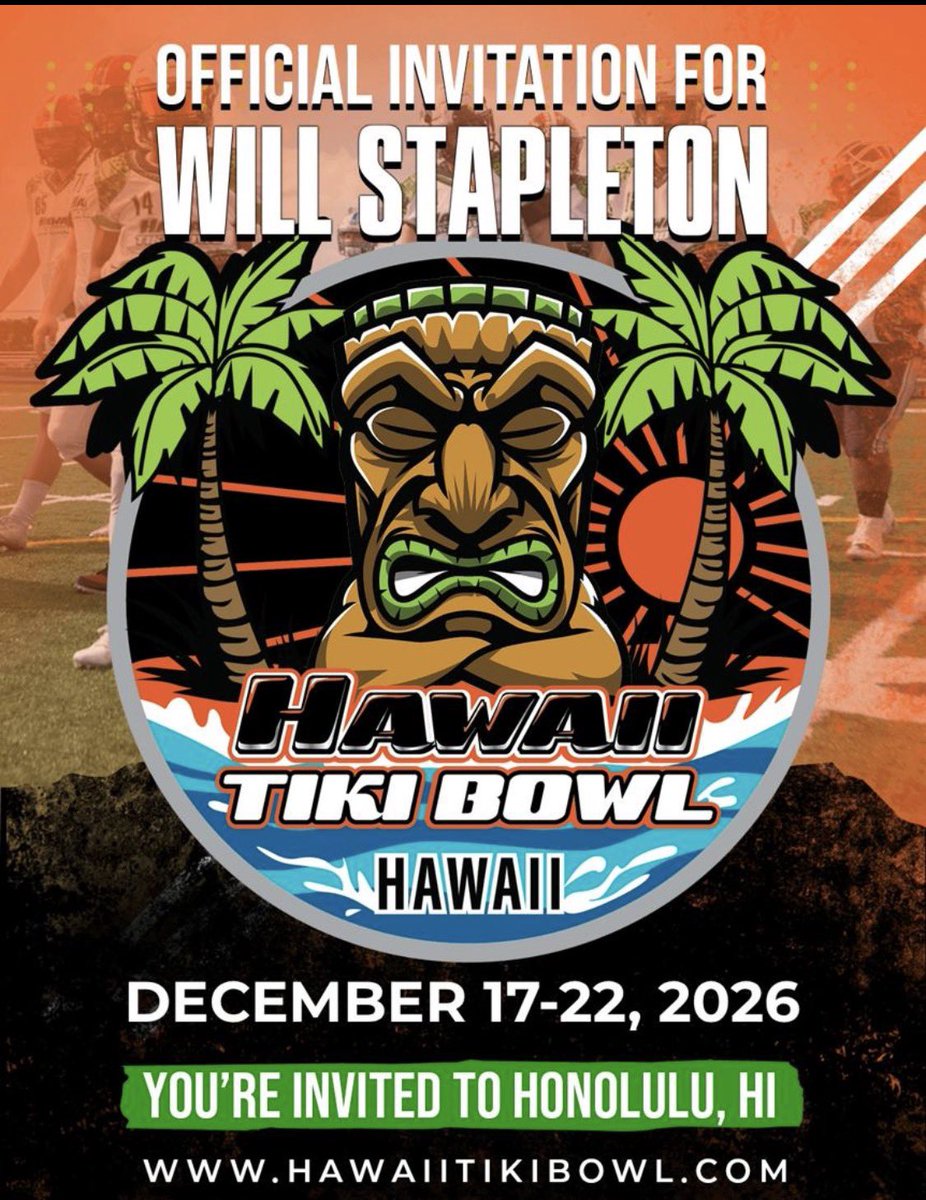 Blessed to receive an official invite to play in the <a href="/HawaiiTikiBowl/">Hawaii Tiki Bowl</a>!!!!!!
<a href="/grant_fb/">Grant High School Football</a> <a href="/JordanJ_/">Jordan Johnson</a> <a href="/PrepRedzoneOR/">Prep Redzone Oregon</a>