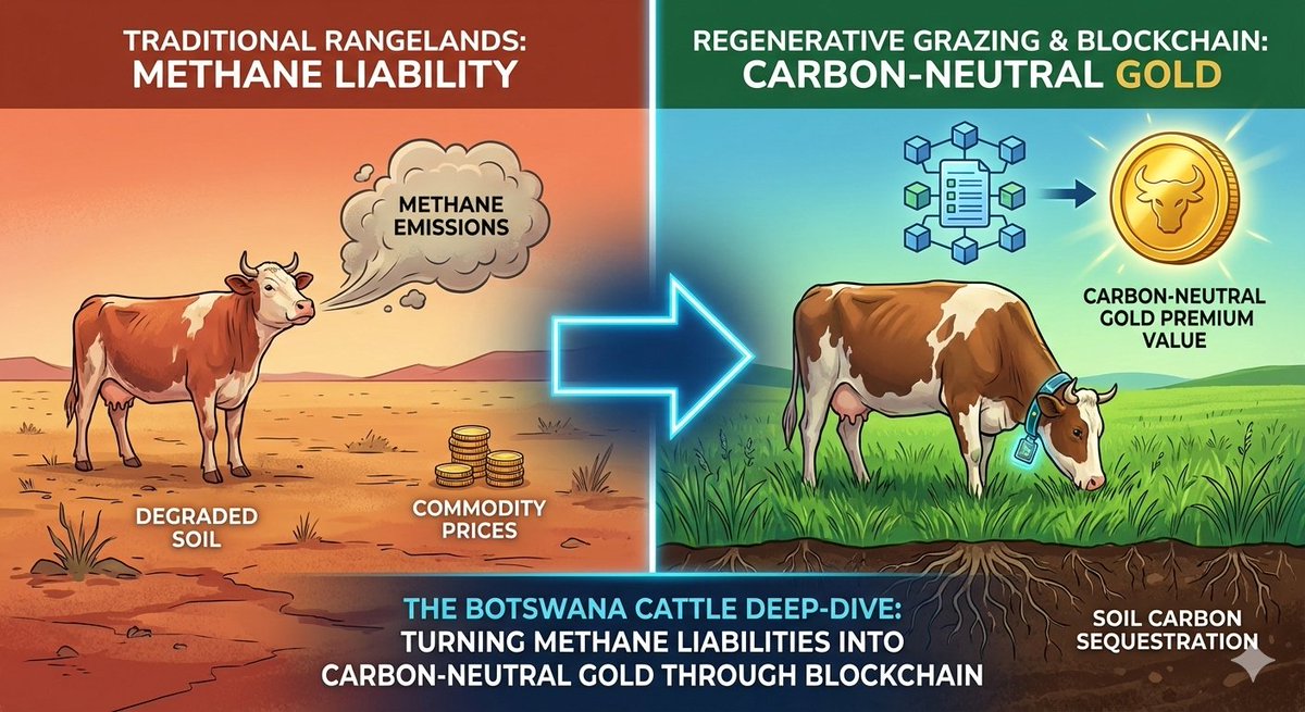 🇧🇼 Botswana Cattle Deep-Dive: 
How Blockchain Will Turn Methane Liabilities into "Carbon-Neutral Gold" 🥩💎

In Botswana, cattle are more than just livestock. 
They are the heartbeat of the culture, the primary store of wealth for rural communities, and a critical export engine.