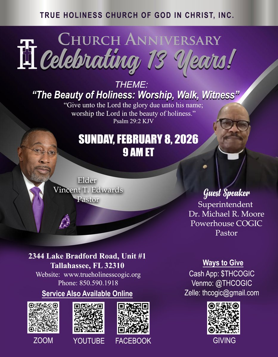 THCOGIC's tweet photo. 🎉Join us as True Holiness COGIC celebrates 13 years of God’s faithfulness!
 🗓 Feb 8, 2026 | ⏰ 9 AM ET
 🎤Guest: Supt. Dr. Michael R. Moore
 💻Zoom: 824 2111 4451 | PC: 096669
Give: https://t.co/puYa2jlmjs
#ChurchAnniversary #TrueHolinessCOGIC #13Years #Ministry #COGIC #Pastor https://t.co/u1KWJ6A72C