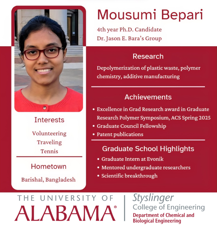 UAChBE's tweet photo. This week’s Graduate Student Highlight is on Mousumi Bepari, a 4th year Ph.D. candidate from Prof. Jason Bara’s lab! https://t.co/xuO0P243e3
