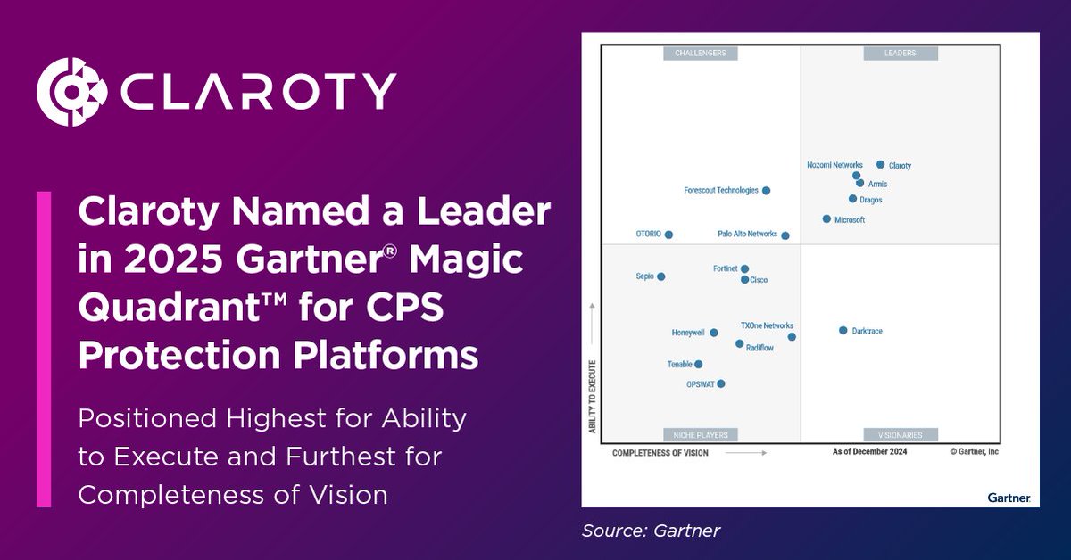 Claroty's tweet photo. Claroty was named a Leader in the Gartner® Magic Quadrant™ for CPS Protection Platforms and positioned the highest for Ability to Execute and Furthest for Completeness of Vision! 

📂 Read the report: https://t.co/3TG9H3tSCL #MagicQuadrant https://t.co/2KgbivGDjG