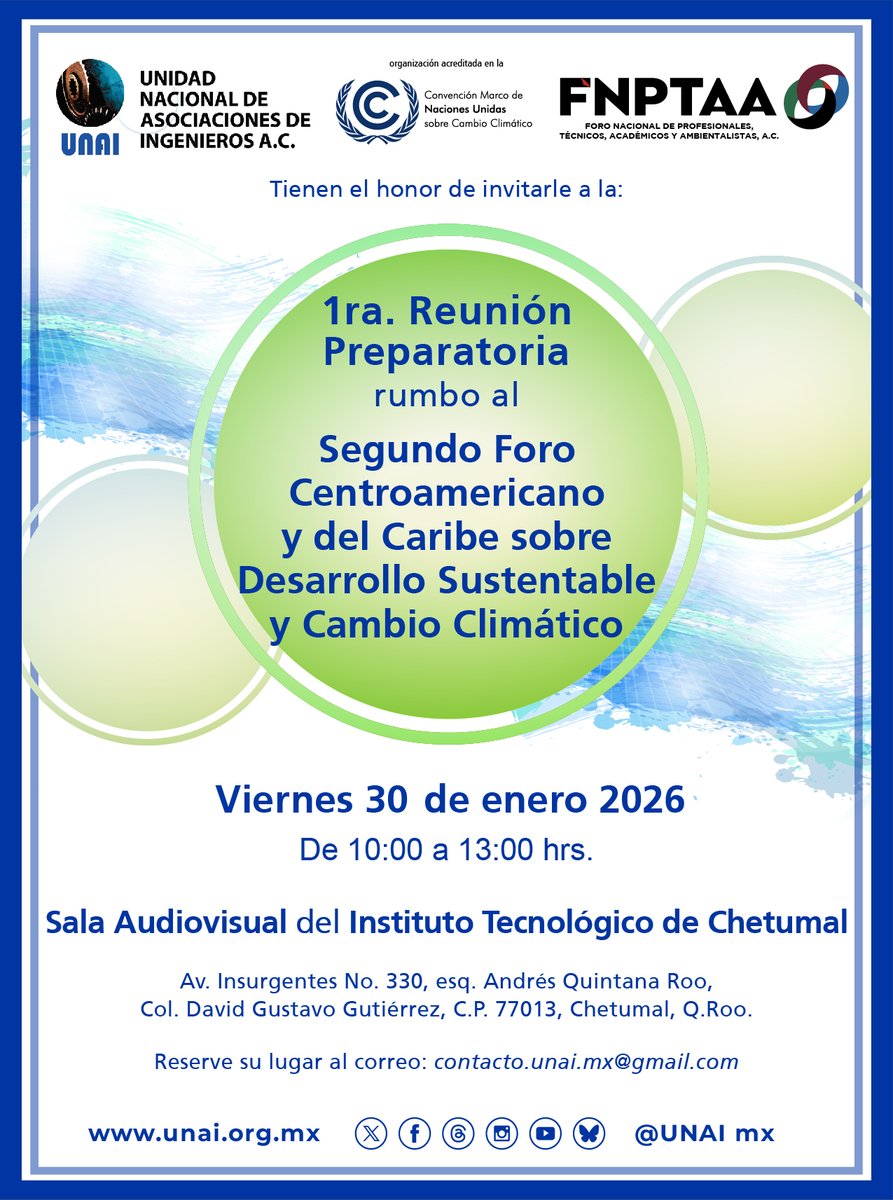 Los invitamos a la Primera Reunión Preparatoria rumbo al 2o. Foro Centroamericano y del Caribe sobre Desarrollo Sustentable y Cambio Climático. Viernes 30 de enero en el Instituto Tecnológico de Chetumal en la Sala Audiovisual de 10:00 a 13:00 h. ¡Los esperamos!