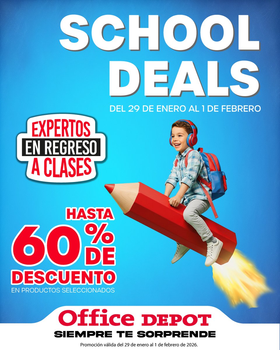 🎒🚀 ¡Arranca el regreso a clases al mejor precio! 🎒🚀
Aprovecha los School Deals de Office Depot con hasta 60% de descuento en productos seleccionados.
Compra en tienda o en officedepot.com.gt
#OfficeDepotSiempreTeSorprende
Válido hasta el 1 de febrero de 2026.