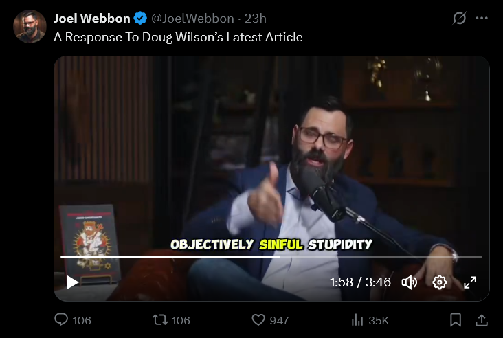 ImKingGinger's tweet photo. Of all the solid points Doug Wilson brought up in his response to Joel Webbon, Joel made an entire video exclusively whining about Doug calling him stupid. 

He really doesn't want to be seen as Low IQ.  The cope is off the charts. https://t.co/uXp0a1BC71