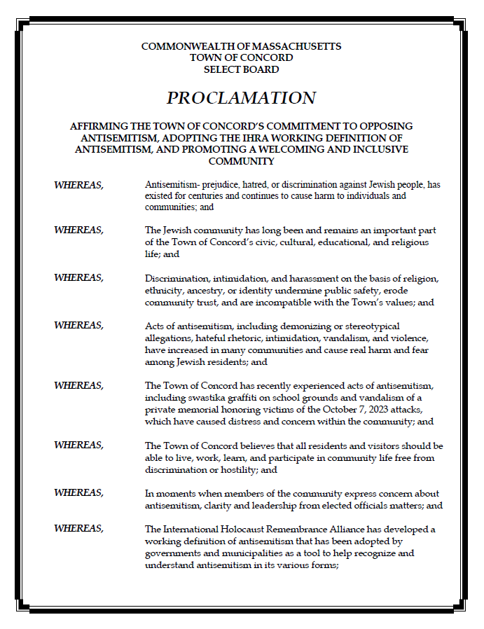 AJC_NE's tweet photo. This week, the town of Concord issued a proclamation affirming its commitment to “opposing antisemitism, adopting the IHRA working definition of antisemitism, and promoting a welcoming and inclusive community.”

AJC New England applauds this important step forward. The proclamation comes following the recent release of a Massachusetts report showing that antisemitic incidents became the most common hate crime in the state in 2024. Jews are less than 5% of the Massachusetts population, but were the target of one in four hate crimes.

Identifying and confronting antisemitism requires leaders to take real action. We commend Concord’s leadership and urge others across the region to follow their example.

https://t.co/4fuB5mQ1s8