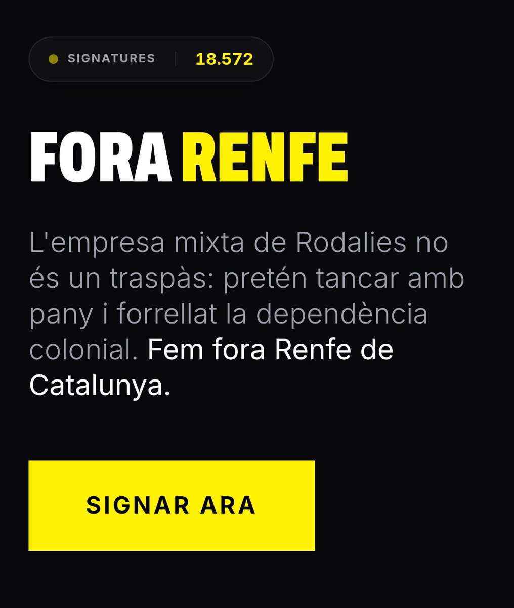 Estaria força bé que aquesta campanya recollís centenars de milers, milions de signatures.
forarenfe.cat