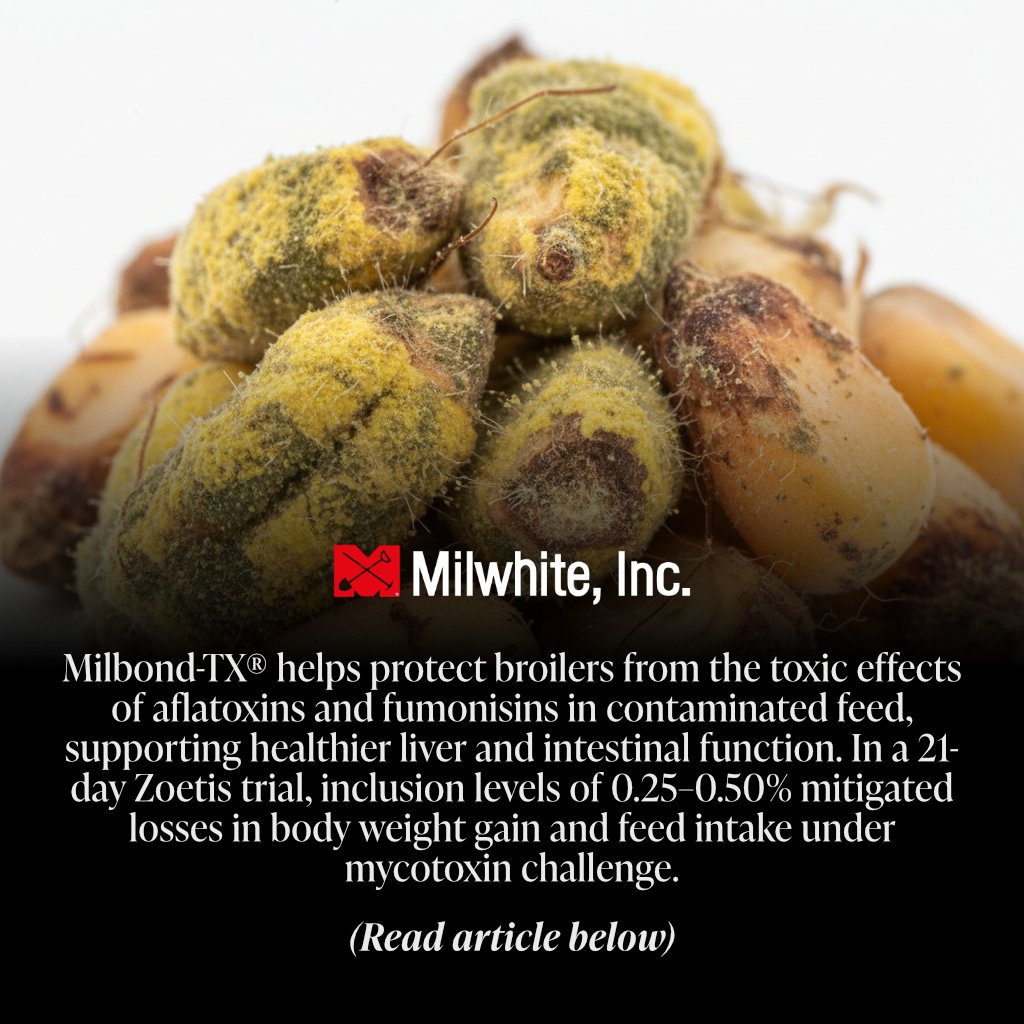 MilwhiteInc's tweet image. Milbond-TX® is a research-backed feed additive that helps shield broilers from the damaging effects of aflatoxins and fumonisins commonly found in corn- and grain-based diets.

Source:
milwhite.com/anti-mycotoxin…

#MilbondTX #MycotoxinManagement #PoultryHealth #BroilerProduction