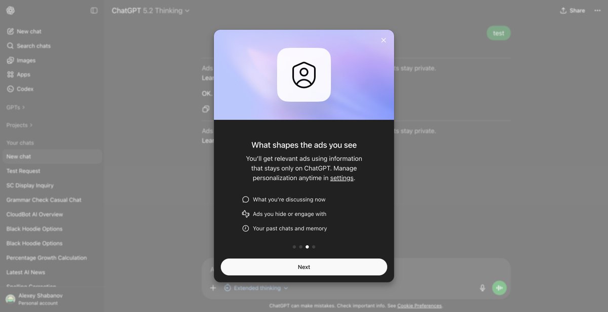 Ads personalization modal