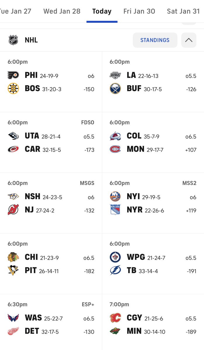 Dcomendaciones.

Esta vez estará dividida en dos partes porque no caben todos los juegos.

#LetsGoFlyers vs #NHLBruins
 * Flyers ML +125 (70%)
   Over 6.5 Goles +105 (65%)
 * David Pastrnak (BOS) Over 3.5 Tiros a Puerta +100 (85%)
 * Viktor Arvidsson (BOS) 1+ Puntos +100 (70%)
 *