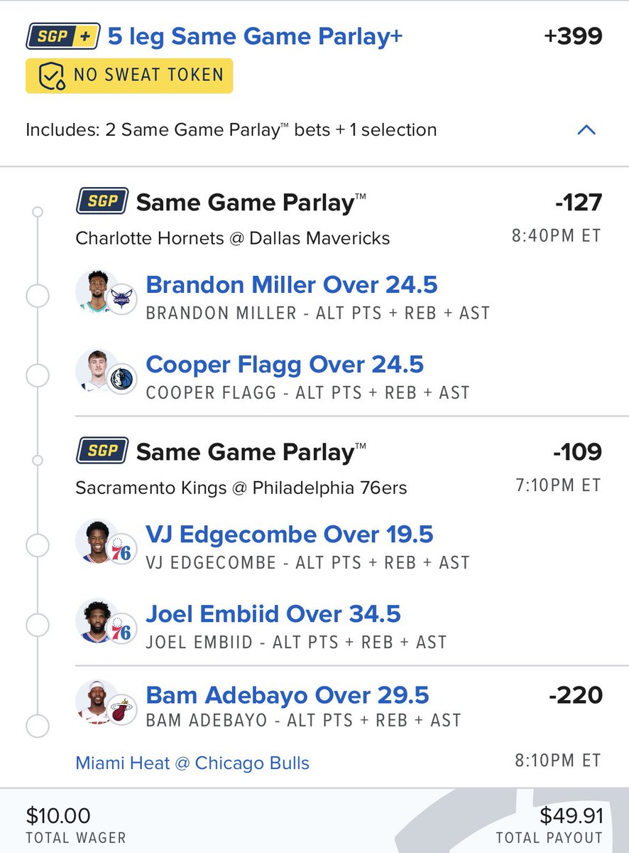 AndySportsLab's tweet photo. 🚨5-LEG SGP+ LOADED
Alt PRA plays with value written all over them 📊
+399 odds for tonight’s slate

🎟️ No Sweat Token in play — either way we win
Risk managed. Upside maxed. 🔥

Trust the process. Trust the research.
🧪 AndySportsLab
#NBAParlay #SGPPlus #NoSweat #SportsBetting https://t.co/y6nXOvNEcz