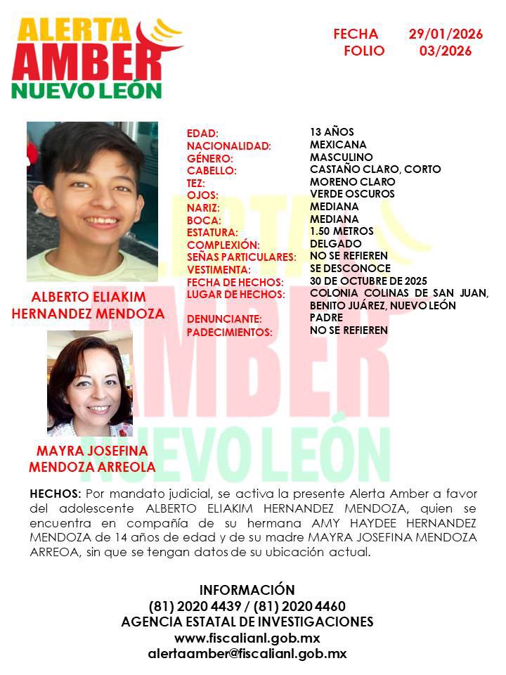 📣 Se ACTIVA  #AlertaAMBER

🚨 Solicitamos de su colaboración para localizar al adolescente ALBERTO ELIAKIM HERNÁNDEZ MENDOZA

‼️Por favor comparte‼️
#AlertaAmberMX 
#AlertaAmberNL