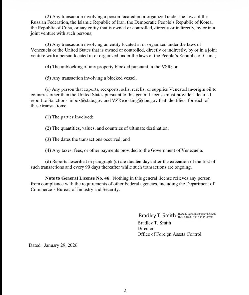 alandete's tweet image. OFAC acaba de emitir la General License 46 sobre petróleo venezolano: autoriza ciertas transacciones y exportaciones por entidades de EE.UU., pero con condiciones estrictas. Pagos controlados, contratos bajo ley estadounidense y prohibición expresa de operaciones vinculadas a…