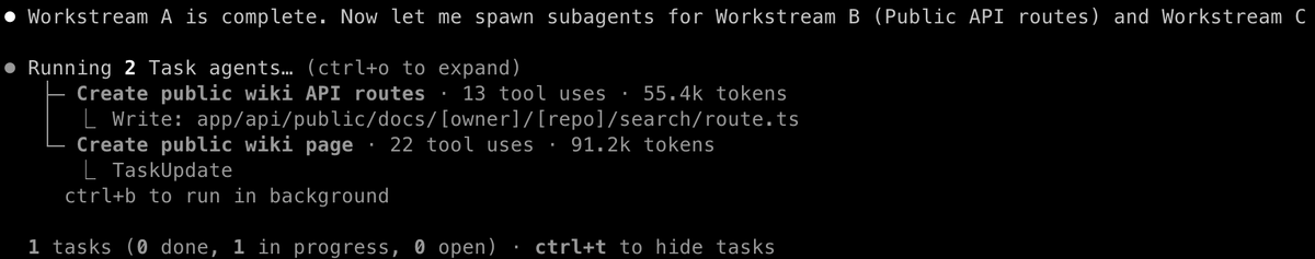 wasselovski's tweet photo. On a non trivial feature, parallel Claude Code agents can be a cheat code.
My flow: talk it through with Claude Code until the plan is clear, let it draft a quick spec, split into independent workstreams, spawn one agent per stream (implementation plus tests), then finish with an end to end run.