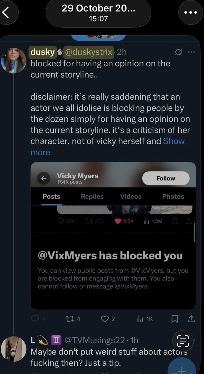 TruthBeTold980's tweet image. dusky here blocked me claiming she’s not been blocked by Vicky for her vile little tantrums 😂😂😂😂😂 EVIDENCE for the silly little C @duskysix you forget you leave a tantrum trial everywhere you go. only move is to deny eh.. that will be tragic and predictable. #Liar #lunatic