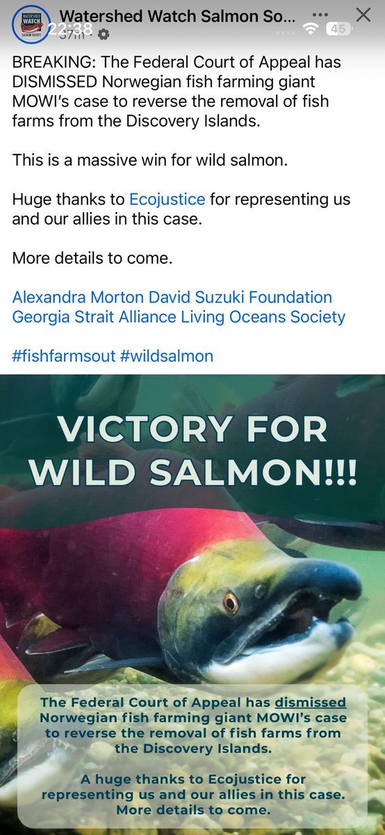 This news is very encouraging and hopefully will bring more pressure to the Atlantic basin from Fish Farm Harms. It may be a pivotal moment. I can only hope so. Many congratulations to those who have fought hard and won a landmark ruling👏🏻