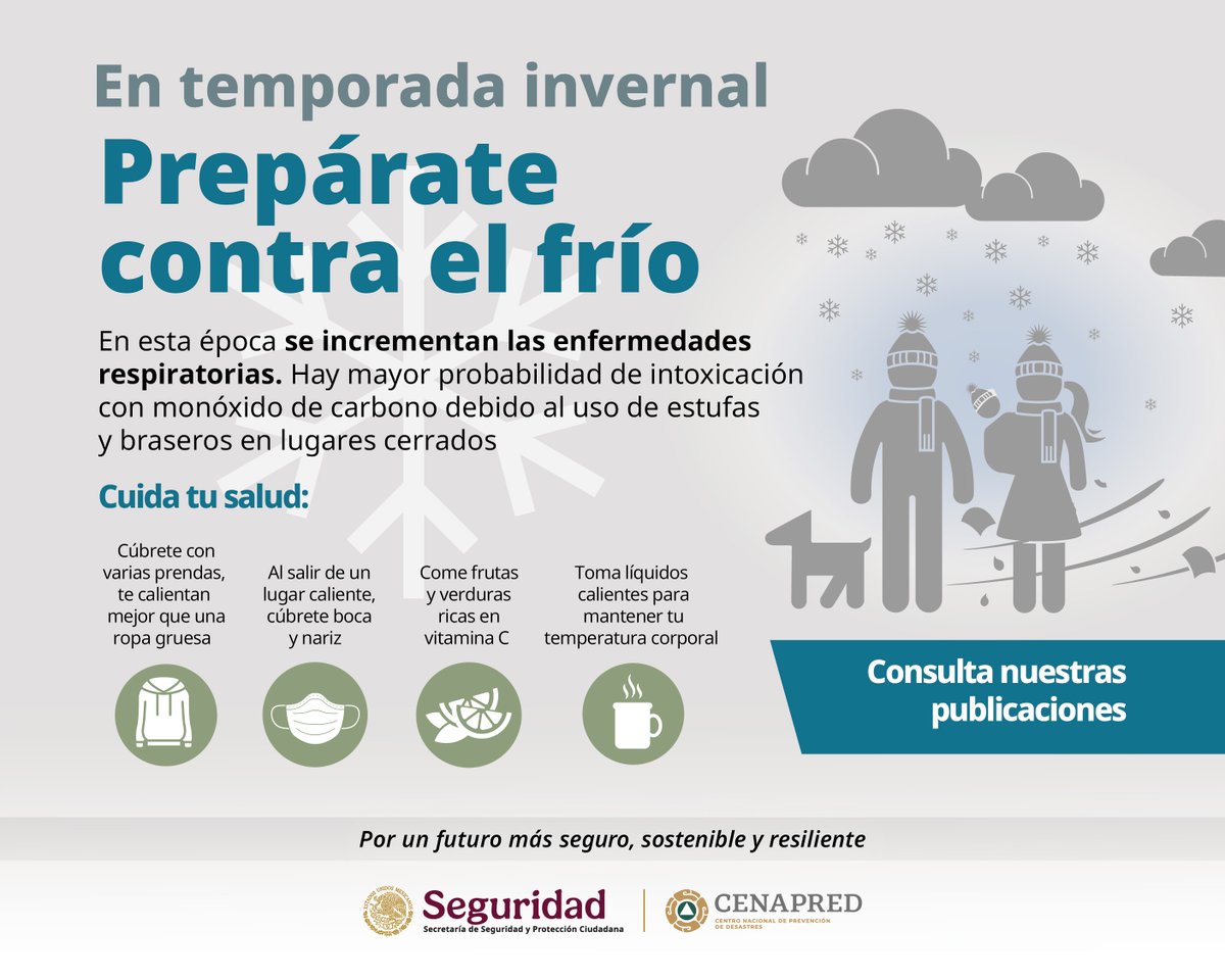 CenapredMexico's tweet photo. ❄️ En esta #TemporadaInvernal conoce y comparte las recomendaciones del #Cenapred:

👉 https://t.co/hf4gbPYUjJ https://t.co/VQc3K278Cj