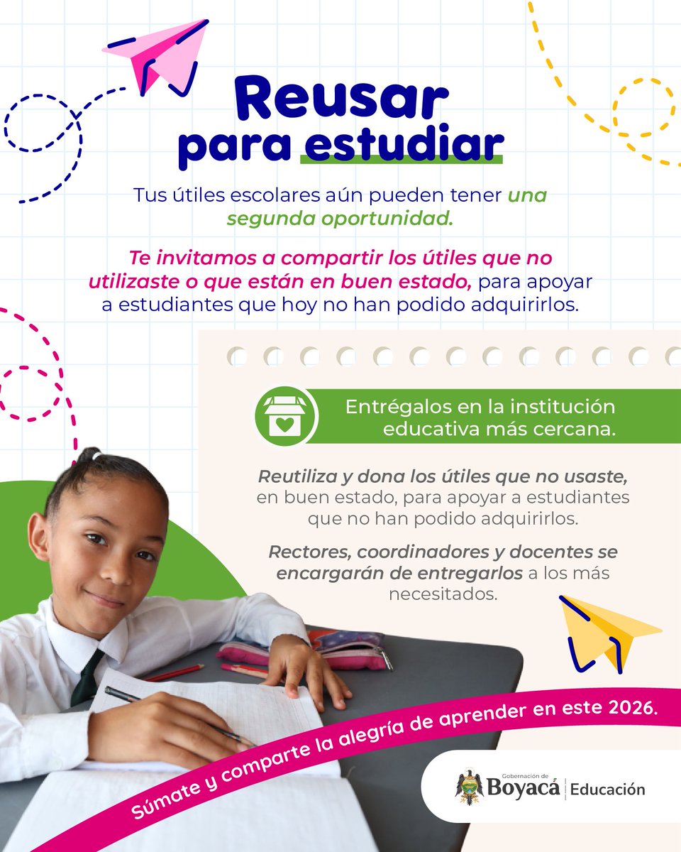 Secretaría de Educación invita a participar en la campaña: “Reusar para Estudiar”.

Una iniciativa para reciclar y reutilizar los materiales que quedaron a medio uso en el 2025.  

Más información en el siguiente link: acortar.link/lW3szb

#VivaLaEducación2026