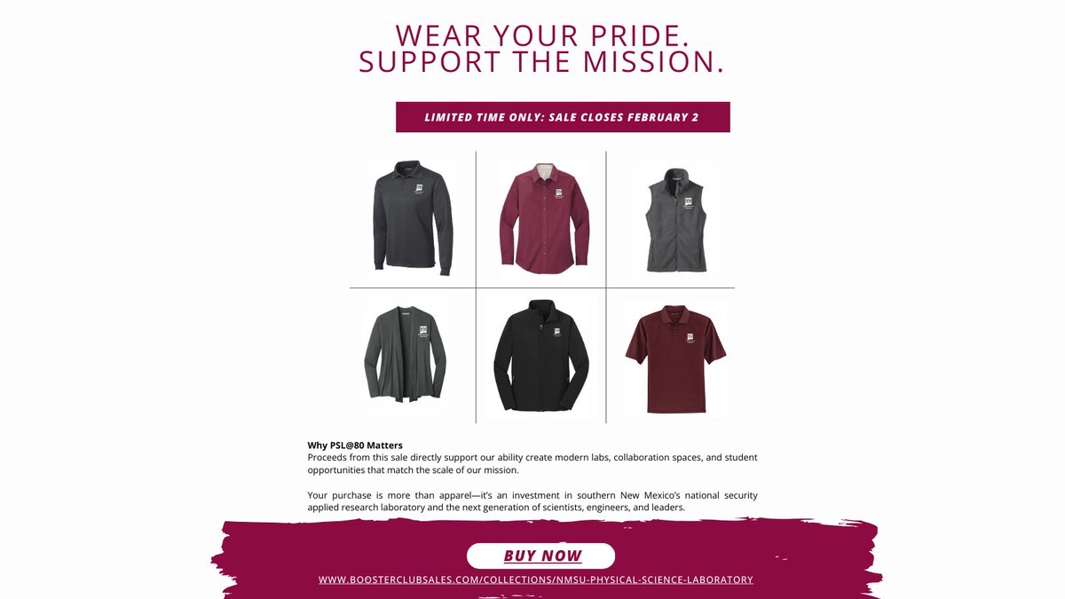 PSLNMState's tweet photo. 🎓 PSL@80 |  Apparel Sale
Support  investment in modernized labs, collaboration spaces while repping PSL in style.

👔 Polos • Dress Shirts • Jackets
🕒 Limited time
👉 https://t.co/Z1g3OGIpyB

Legacy Built. Future Driven.
#PSL80 #NMSU #AppliedResearch #WearTheLegacy https://t.co/0Z4BiDmRhP