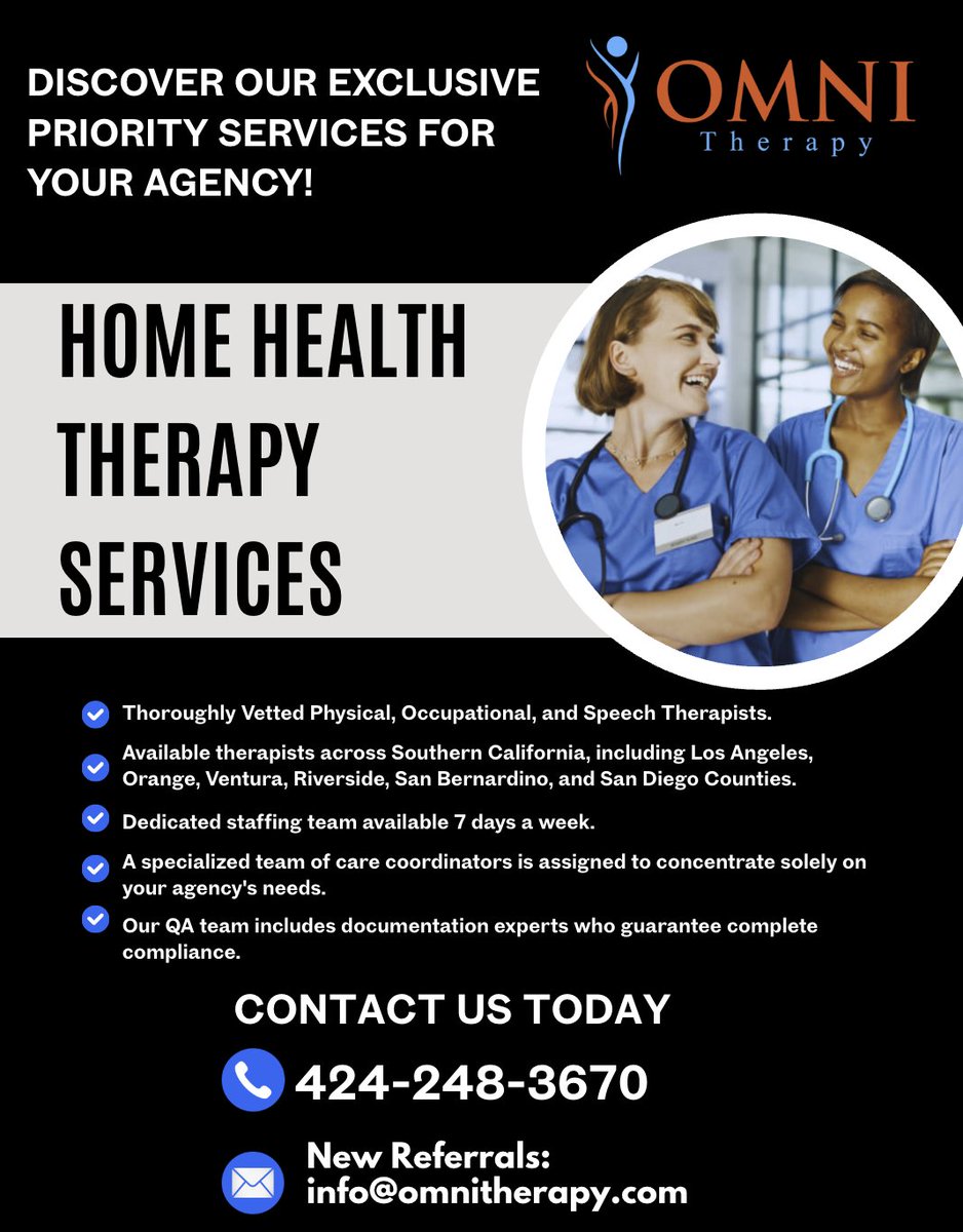 OmniTherapyInc's tweet photo. Call OMNI Therapy today with your patient referral and discover how we prioritize your agency's needs above all else. #homehealthagency, #homehealthcare, #homehealththerapy https://t.co/5KsfUghgSE
