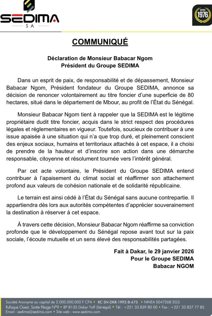 KiliFeuu's tweet photo. 📌Babacar Ngom renonce à un titre foncier de 80 hectares au profit de l’État dans un esprit d’apaisement et d’intérêt général https://t.co/FvZq0hf8nA