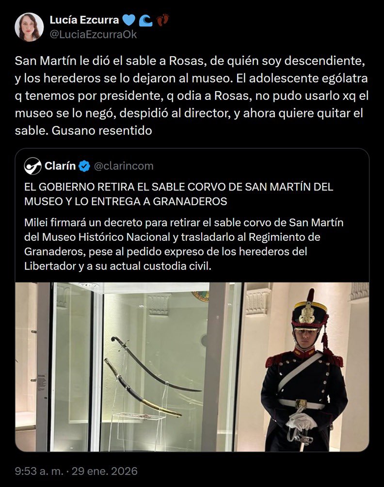 "Rosas":
Por el tweet que publicó <a href="/LuciaEzcurraOk/">Lucía Ezcurra 💙 🌊 👣</a> sobre el traslado del sable corvo de José de San Martín