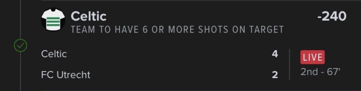 MrBearBets's tweet image. @FDSportsbook do the right thing.. Celtic clearly had 6 SOT and you guys even made it green? Now it’s marked as red? I know you guys use @OptaSTATS but the OFFICIAL SITE.. and EVERYWHERE they have 6 SOT..

Make it right.. it doesn’t look good on your end