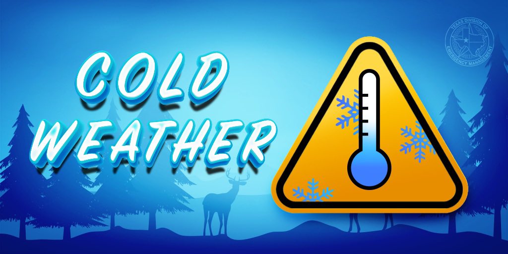 TDEM's tweet photo. Reinforcing shots of cold air are in the Texas forecast.

Dress in layers, cover exposed skin, and limit time outside.

A heavy coat, gloves, hat, and waterproof boots can help keep you warm. 

Here are some cold weather tips from @TexasDSHS: https://t.co/bRmzK9dGzB https://t.co/vIwIld4KSr